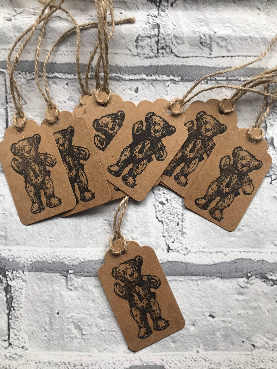 Image of Handmade Kraft Teddy Bear Gift Tags, Stamped Jute Tags - Pack of 10