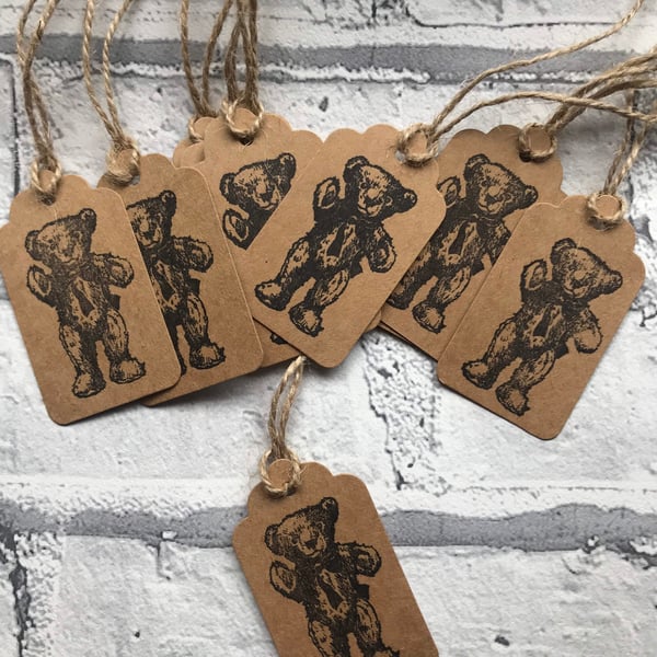 Handmade Kraft Teddy Bear Gift Tags, Stamped Jute Tags - Pack of 10