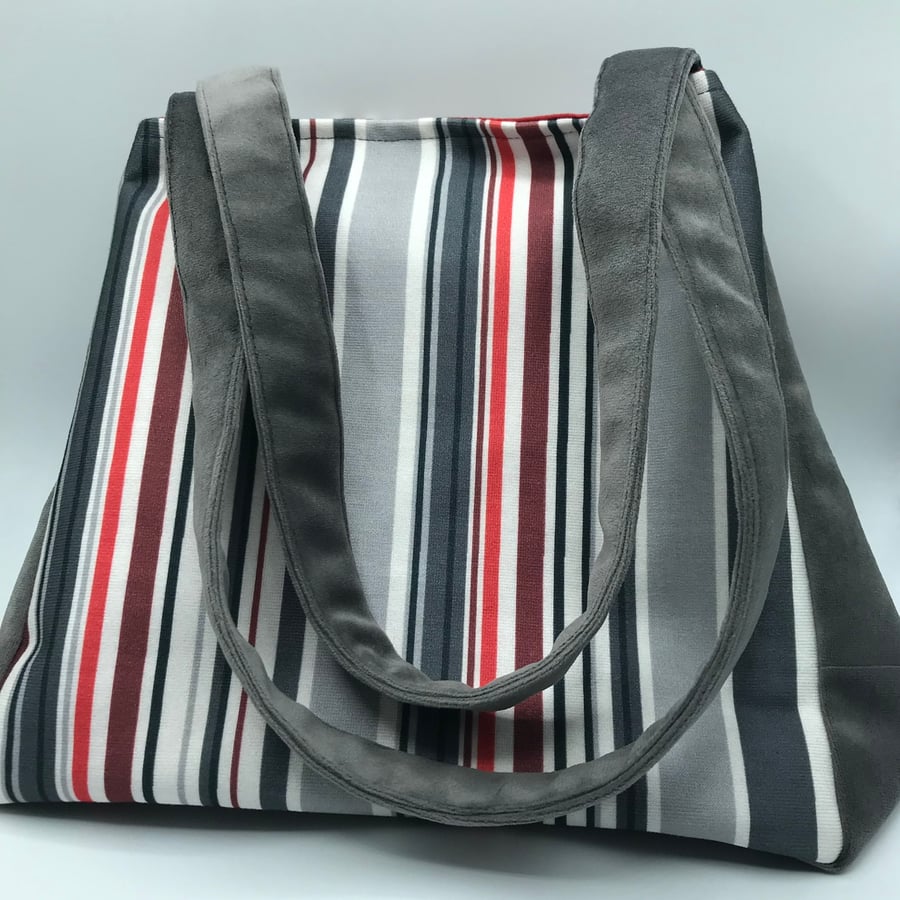 Striped Red and Grey Velvet Handbag