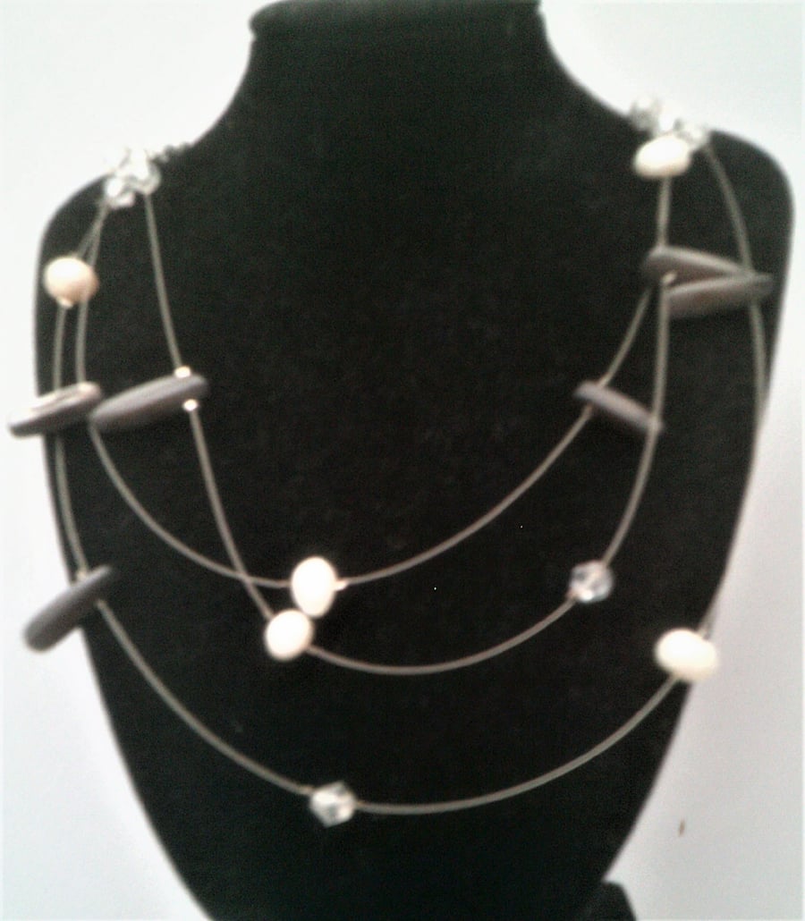Charcoal Grey Shell & Freshwater Pearl Necklace, Three Strand Floating Necklace