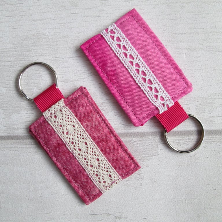 Pair of Pink Keyrings with Lace Trim, Bag tags, Luggage Tags