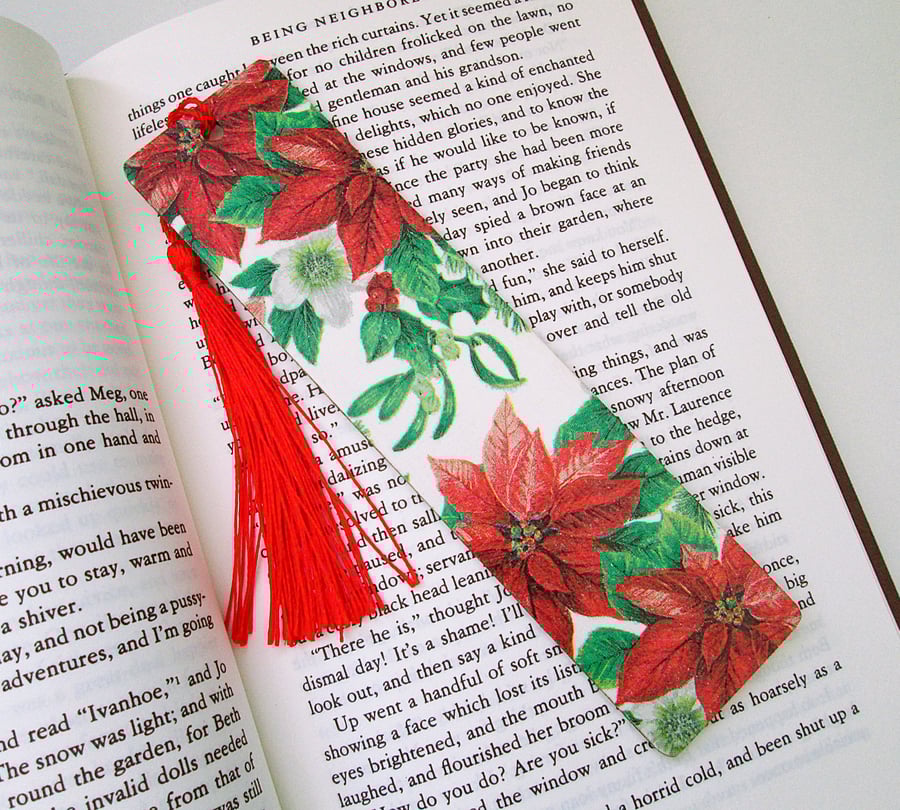 Christmas poinsettia floral wood decoupage bookmark with tassel