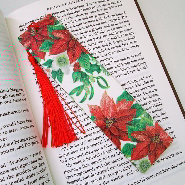 Christmas poinsettia floral wood decoupage bookmark with tassel
