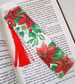 Christmas poinsettia floral wood decoupage bookmark with tassel - Image 1