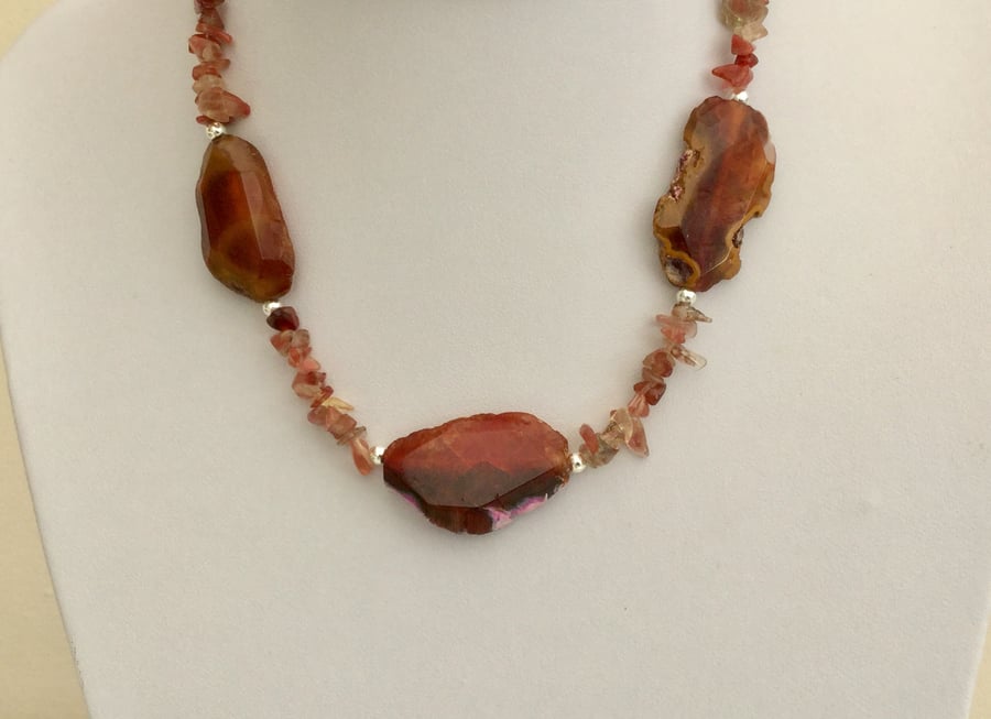 Sterling Silver Gemstone Necklace with Sunstone and Agate