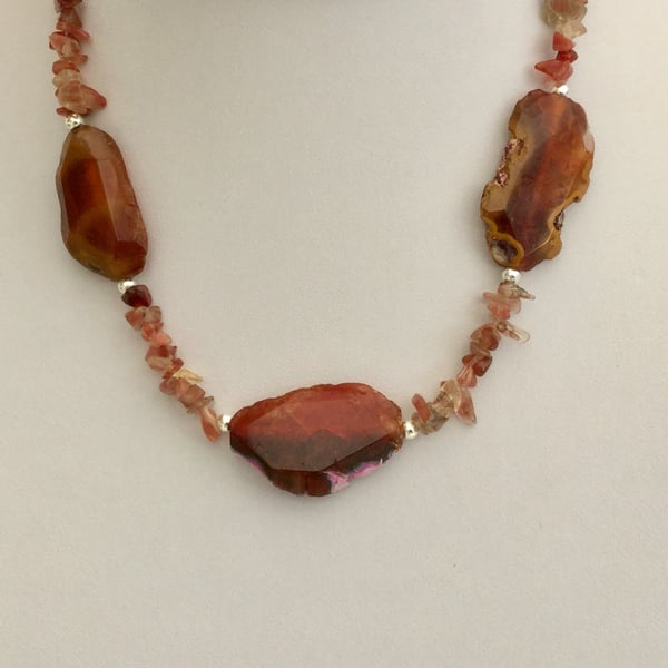 Sterling Silver Gemstone Necklace with Sunstone and Agate