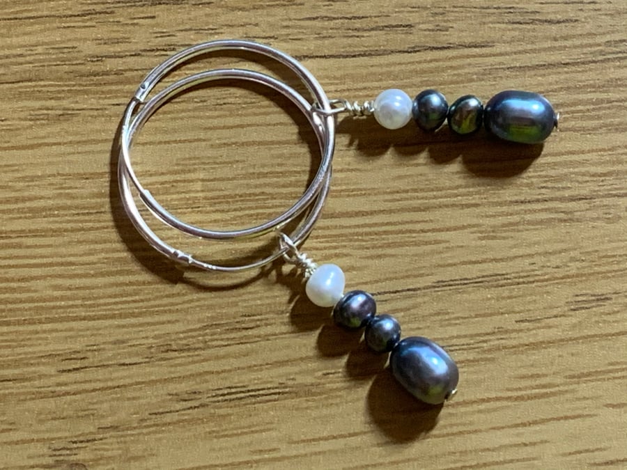 Smoky Grey & White  Freshwater Pearl and Sterling Silver hoop earrings 