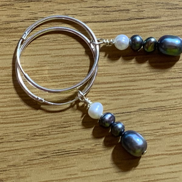 Smoky Grey & White  Freshwater Pearl and Sterling Silver hoop earrings 