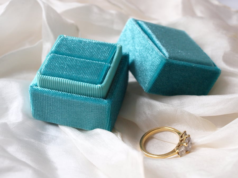 Aqua Turquoise Velvet Ring Box for Engagement, Wedding or Heirloom Ring