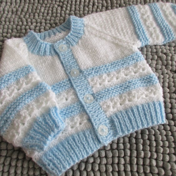 14" White & Blue Newborn Boys Round Neck Cardigan 