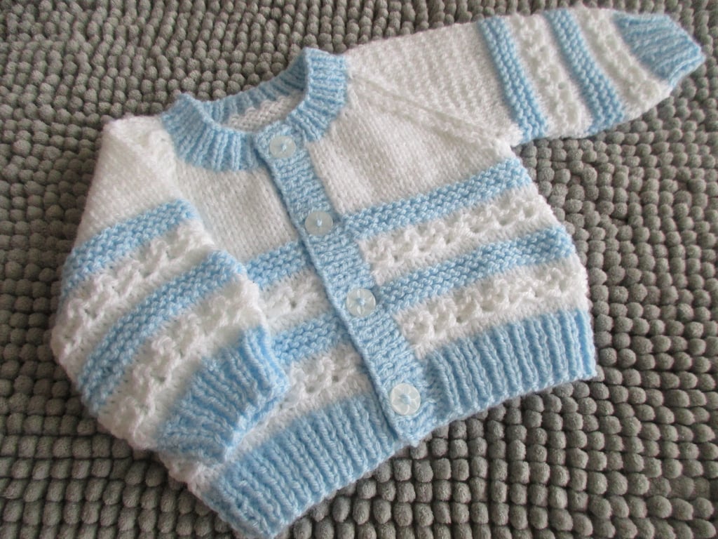 14" White & Blue Newborn Boys Round Neck Cardigan 
