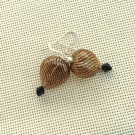 Sterling silver drop earrings with swirled brown unique hollow glass hearts 