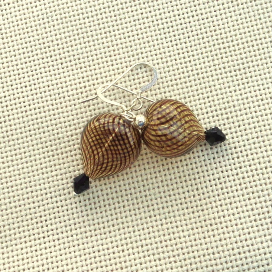 Sterling silver drop earrings with swirled brown unique hollow glass hearts 