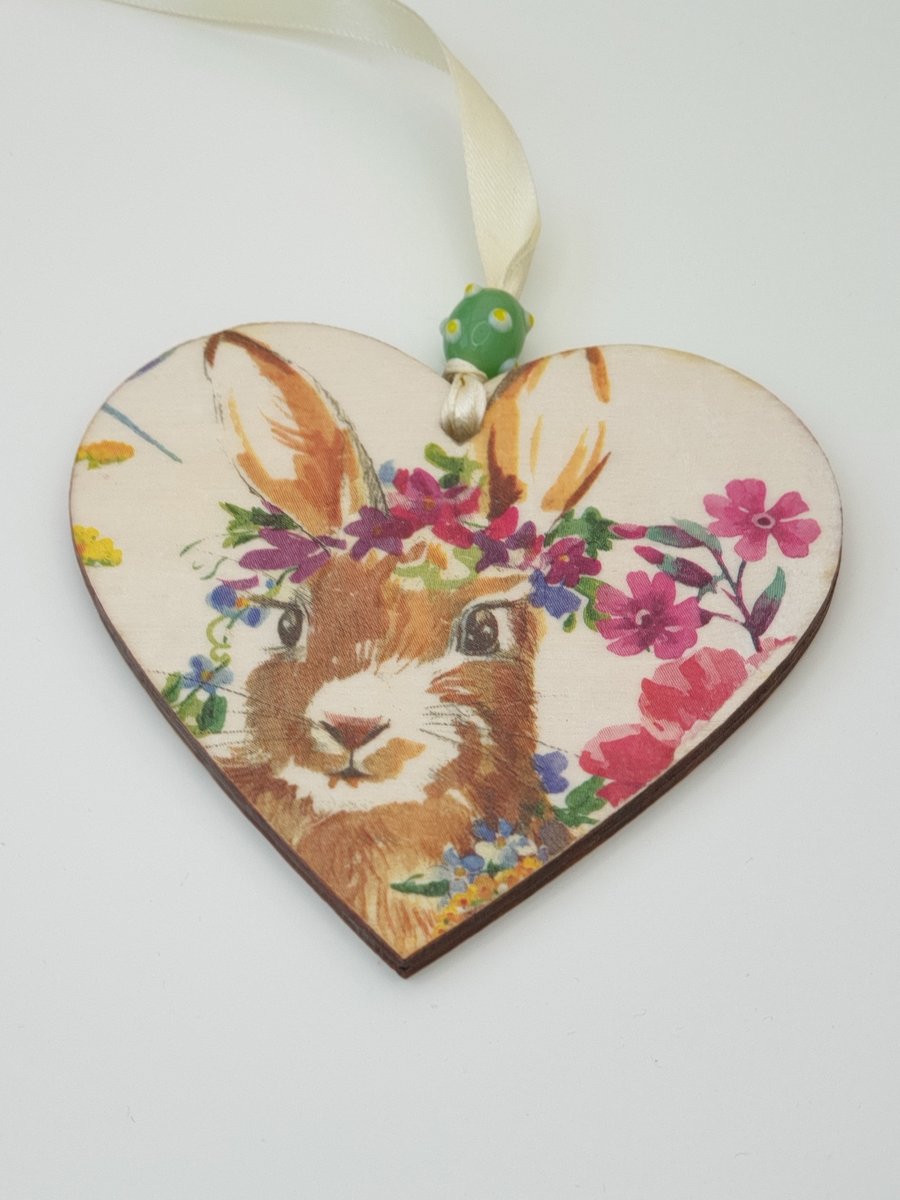 Rabbit wooden heart hanging decoration decoupaged 