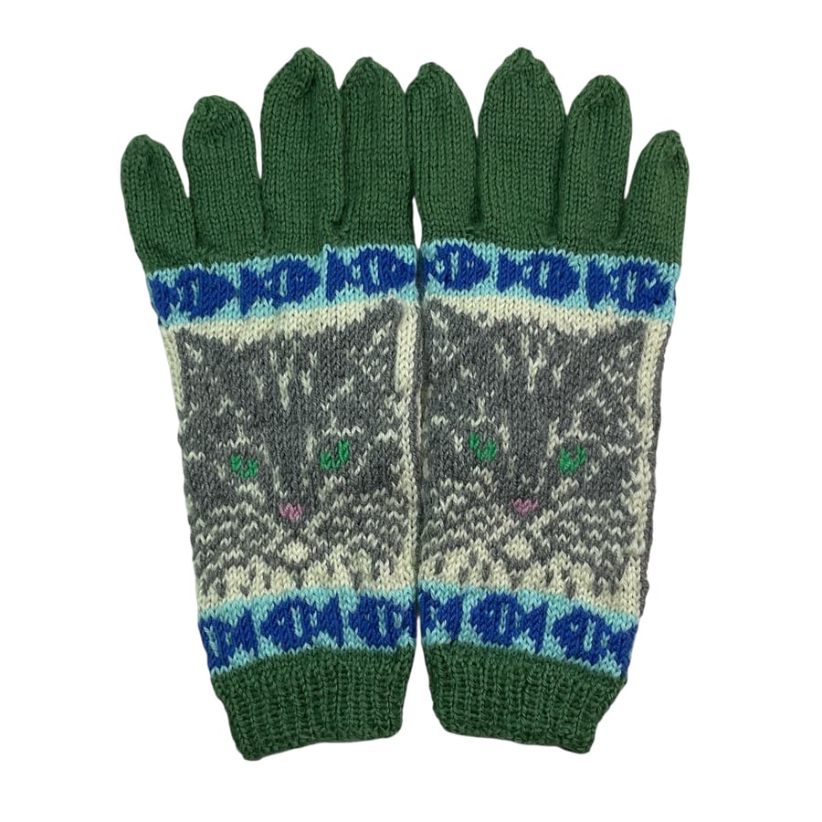  Gloves with cat hand knitted in merino wool, handmade gloves, cat lover gift
