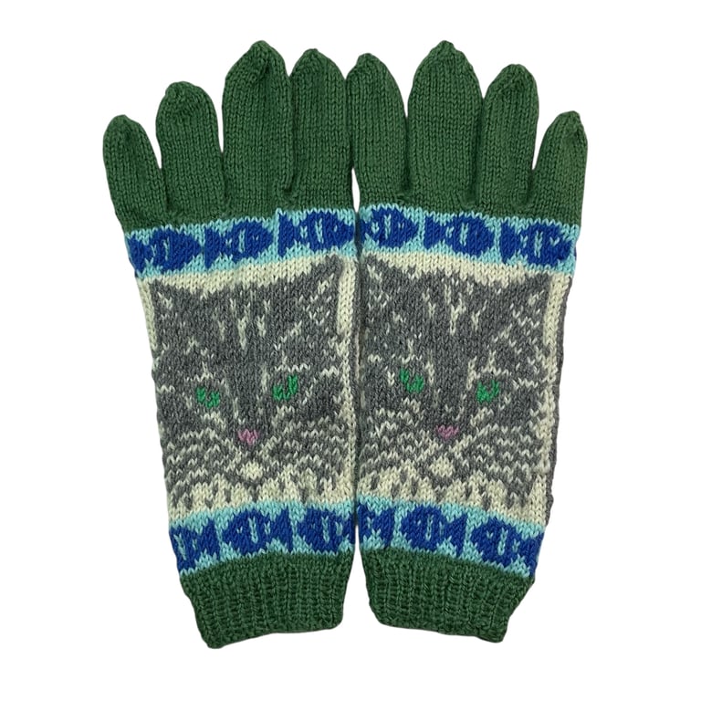  Gloves with cat hand knitted in merino wool, handmade gloves, cat lover gift