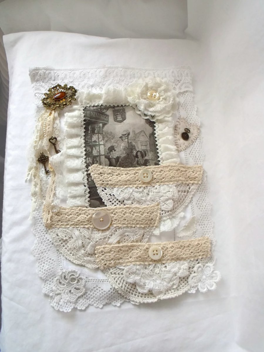 cottage chic vintage style mixed media wall hanging storage pockets