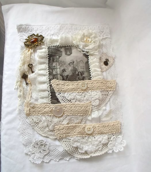 cottage chic vintage style mixed media wall hanging storage pockets