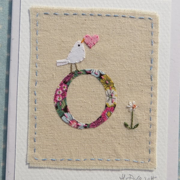Letter O hand-stitched card, can be personalised,new baby,Christening,birthday