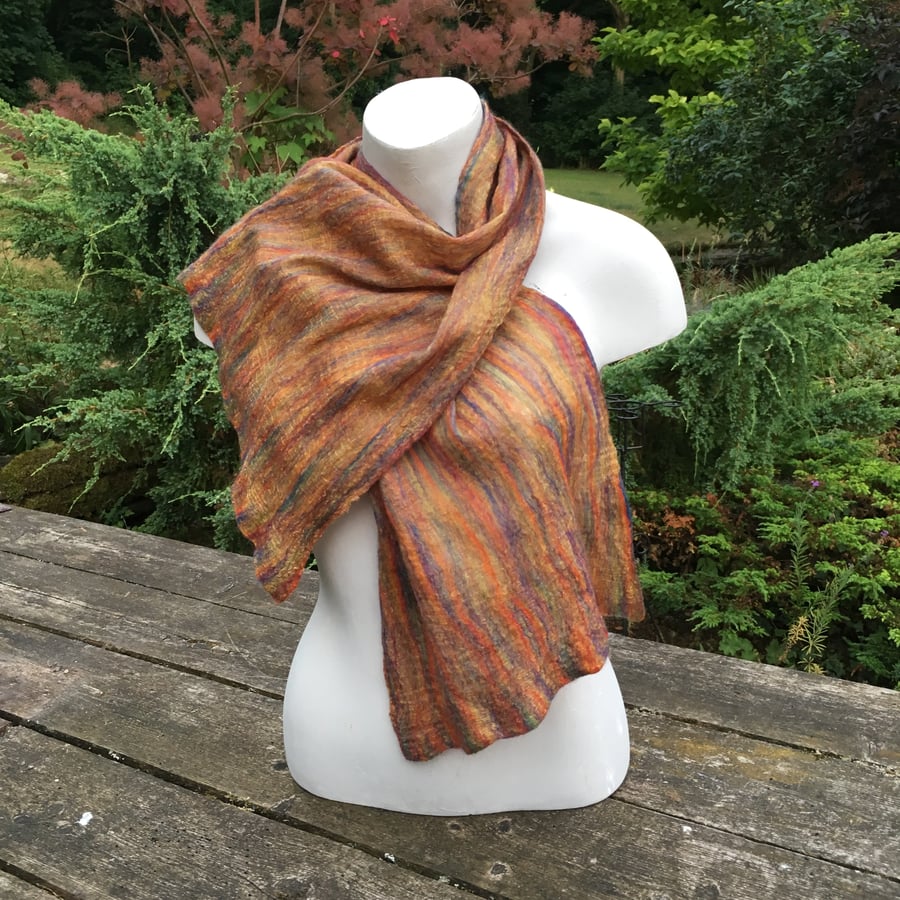 Multicoloured nuno felted merino wool and silk scarf