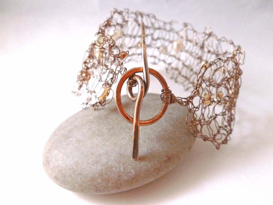 Handknitted Wire Cuff With Copper Toggle Clasp