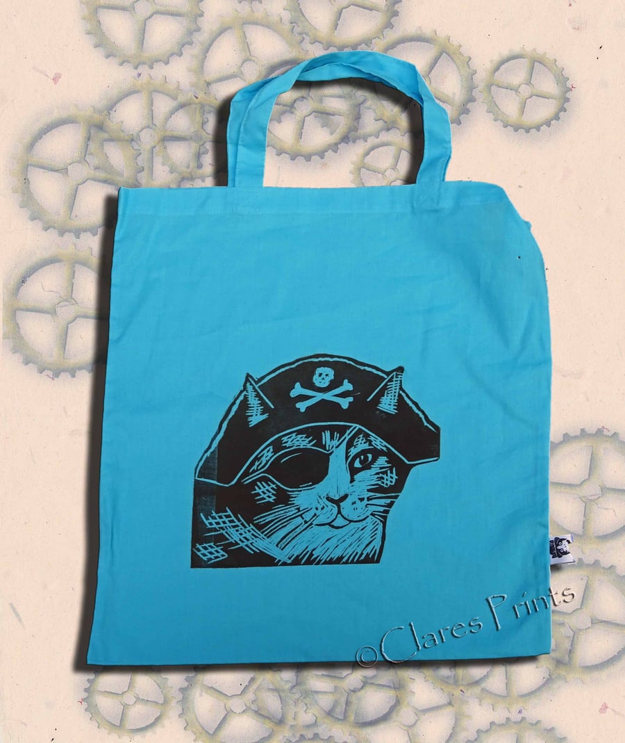 Pirate Cat Tote Bag Animal Linocut Hand Printed Blue Shopping Bag