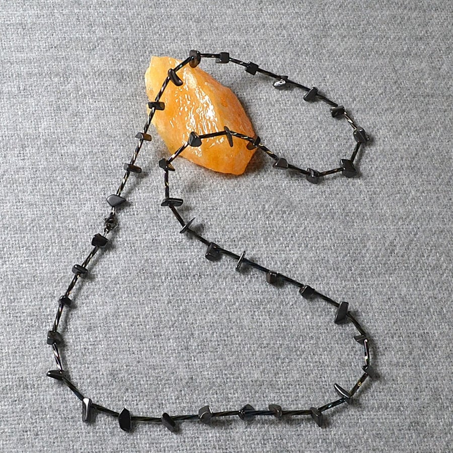 Hematite Crystal Chip and Twisted Bugle Bead Necklace