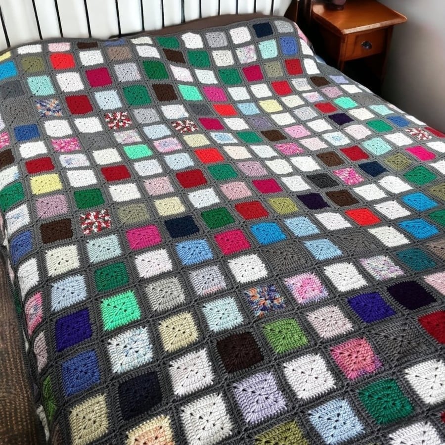 King size hand crocheted vintage style granny square blanket  