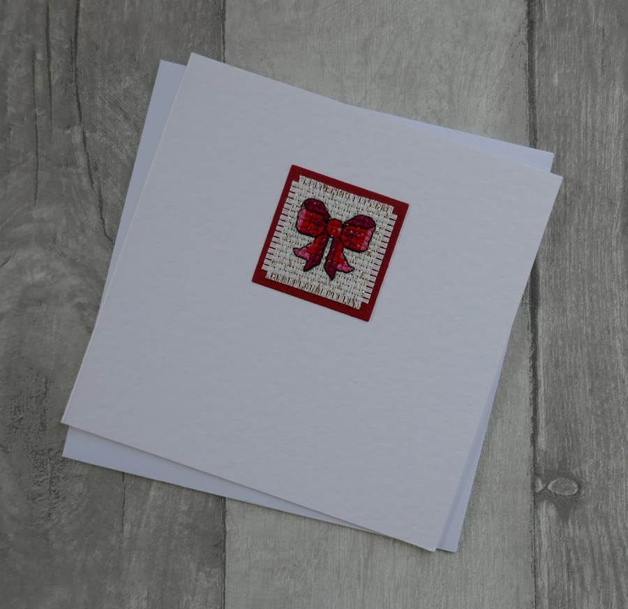 Red Cross Stitch Bow - Any Occasion Blank Greetings Card