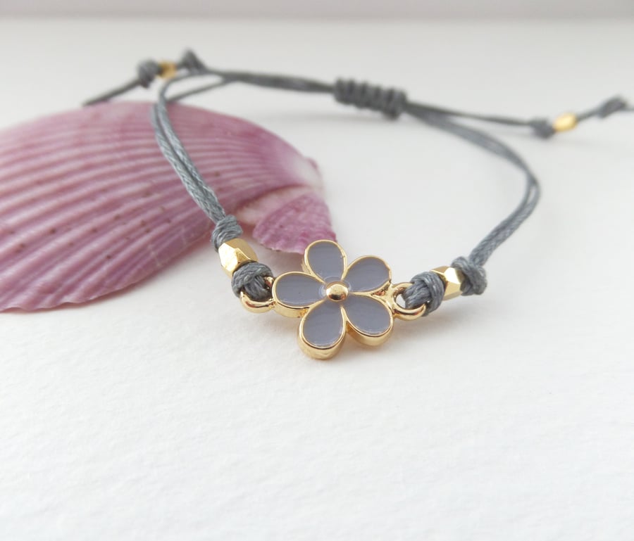 Gold Daisy Bracelet, Grey Cotton Cord Bracelet.