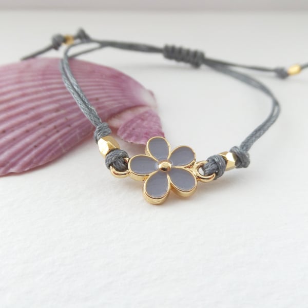 Gold Daisy Bracelet, Grey Cotton Cord Bracelet.