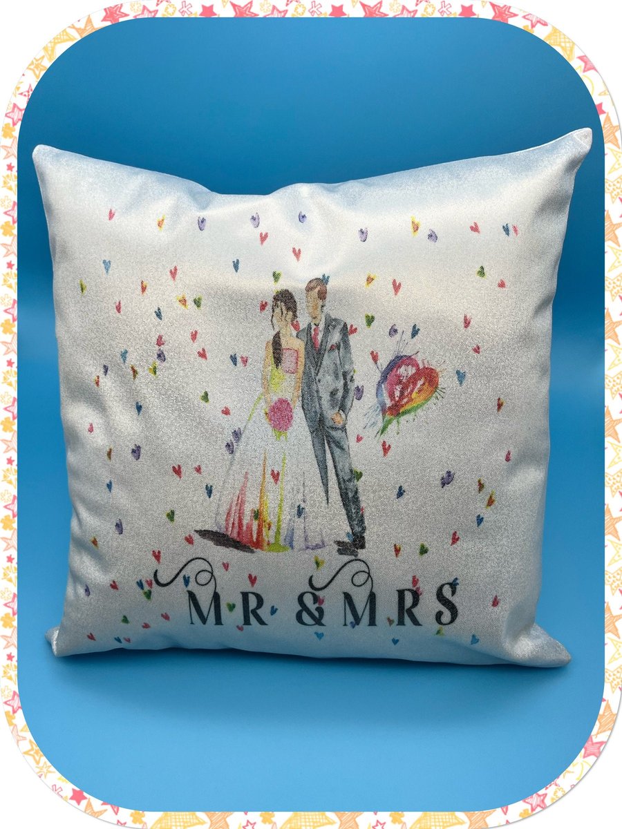Mr and Mrs wedding gift, silver shimmer cushion with Bride and groom