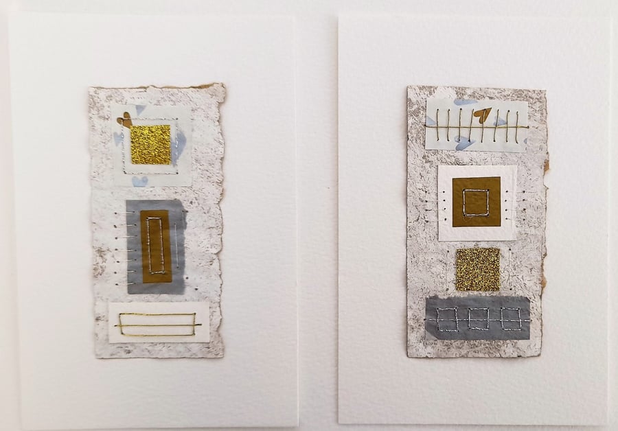 Hearts with Gold Silver & White Handstitched Geometric Small Art Pictures