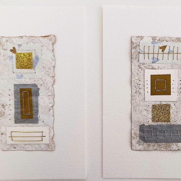 Hearts with Gold Silver & White Handstitched Geometric Small Art Pictures