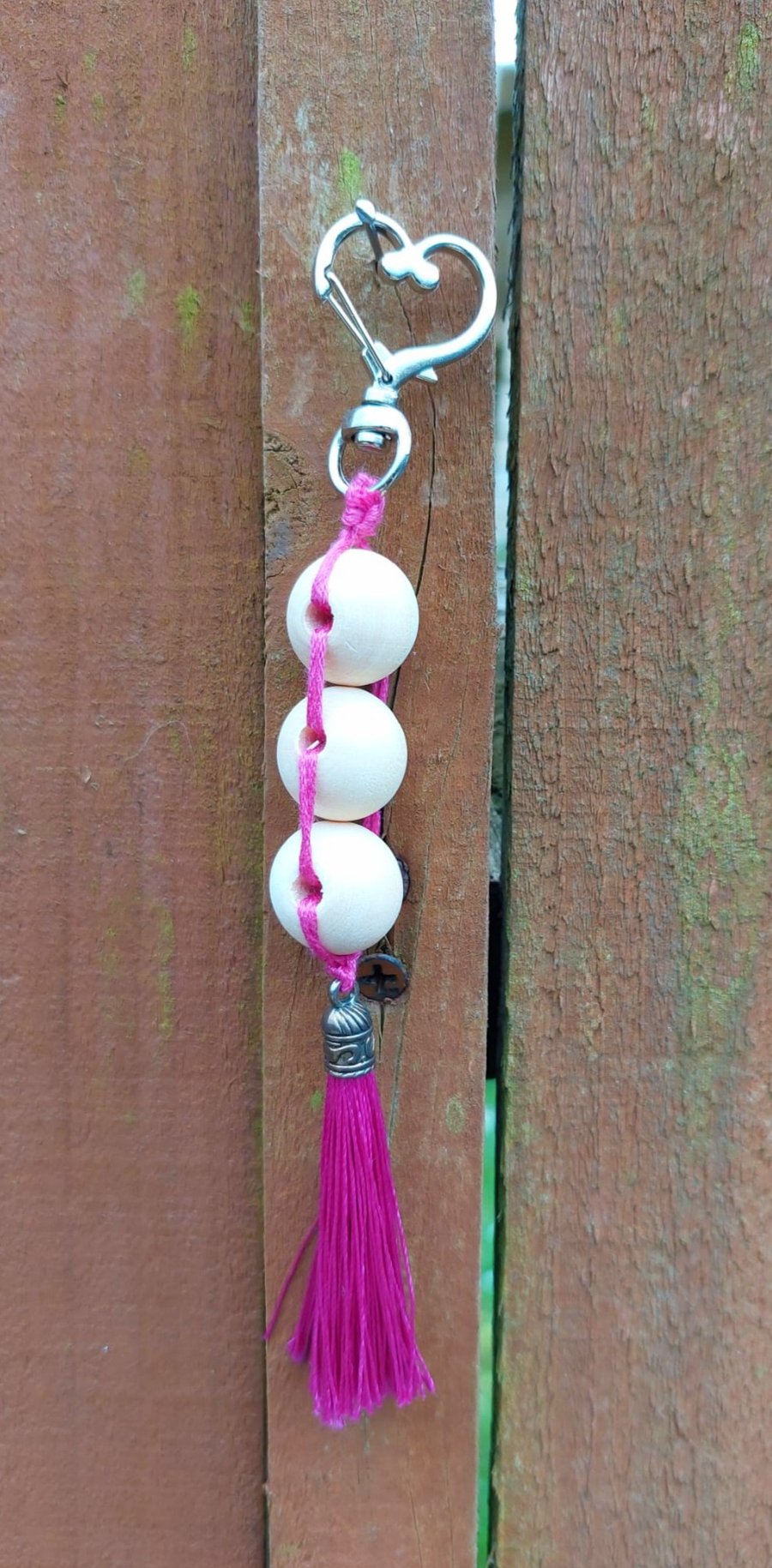 Beaded Keyrings. Silk Tassel Keyrings. Heart Keyrings. Gift. Wooden Beads