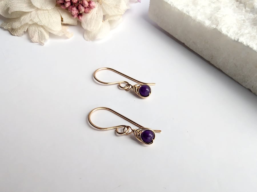 AMETHYST Dainty Wire Wrapped Earrings Sterling Silver February Birthstone
