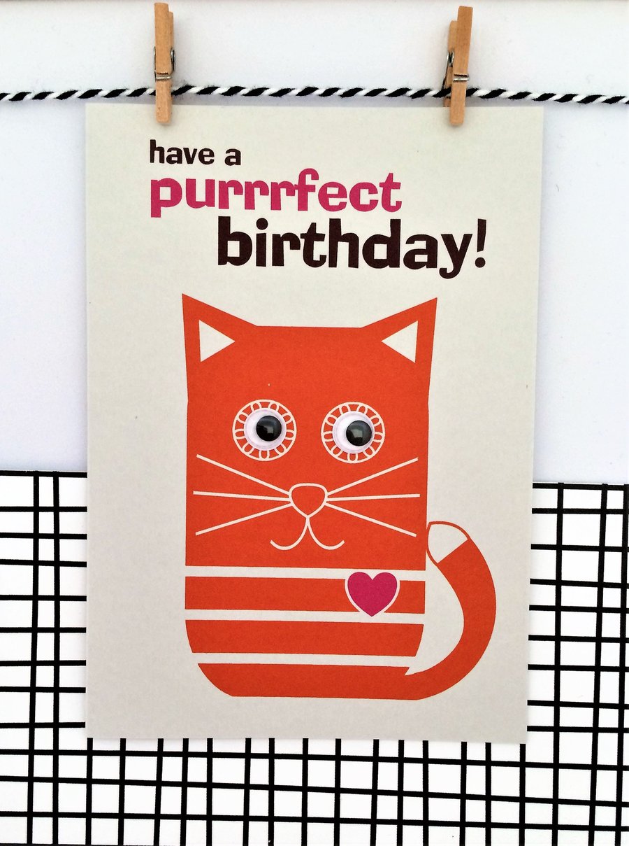 Cat Birthday Card - Purfect Birthday - Happy Birthday - Google Eyes - Handmade C