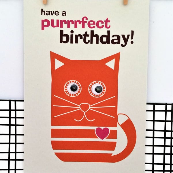 Cat Birthday Card - Purfect Birthday - Happy Birthday - Google Eyes - Handmade C