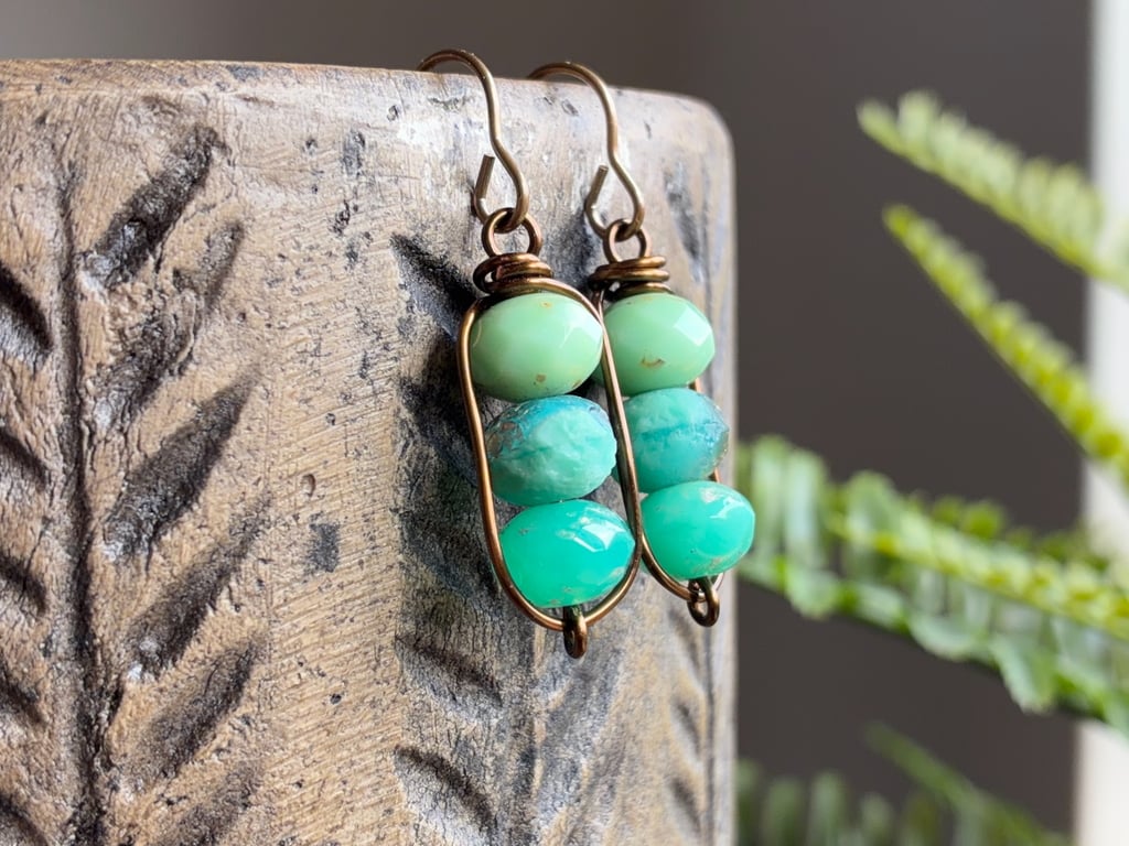 Aqua Turquoise Czech Glass Stacked Earrings. Colourful Handmade Wirework Earring