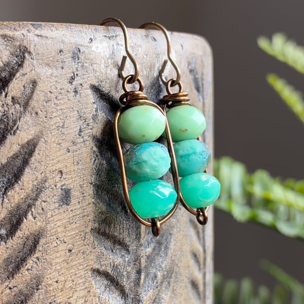 Aqua Turquoise Czech Glass Stacked Earrings. Colourful Handmade Wirework Earring