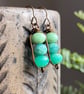 Aqua Turquoise Czech Glass Stacked Earrings. Colourful Handmade Wirework Earring
