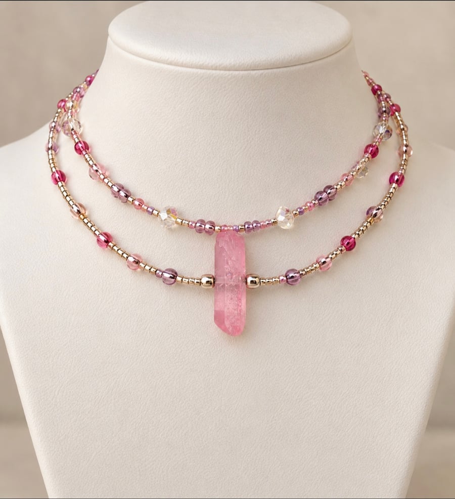 Pink Crystal Pendant Necklace with Glass Beads and Gold-Tone Details – Handmade 