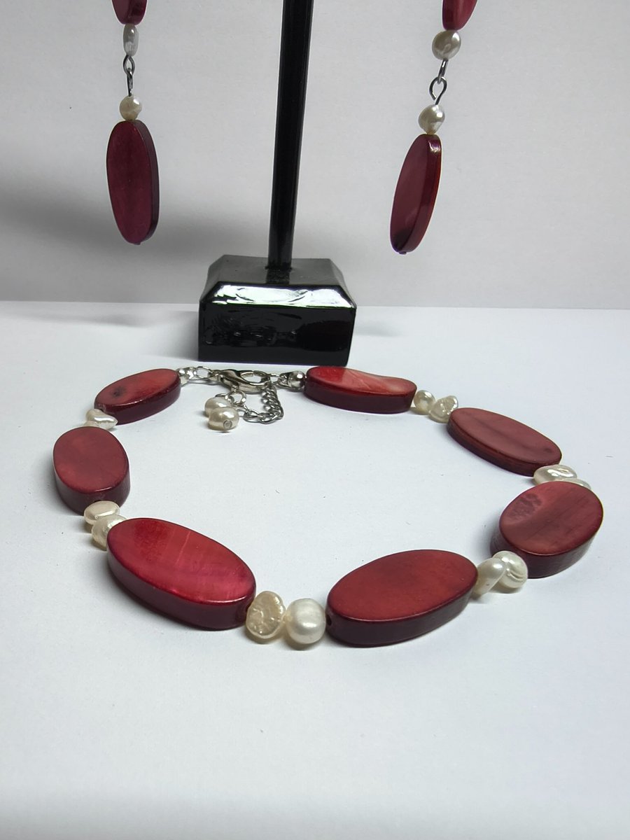 Mother of Pearl & Freshwater Pearl Bracelet Earrings Set Handmade Ruby Red