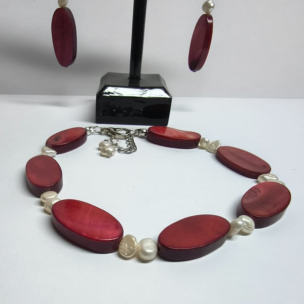 Mother of Pearl & Freshwater Pearl Bracelet Earrings Set Handmade Ruby Red
