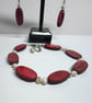 Mother of Pearl & Freshwater Pearl Bracelet Earrings Set Handmade Ruby Red