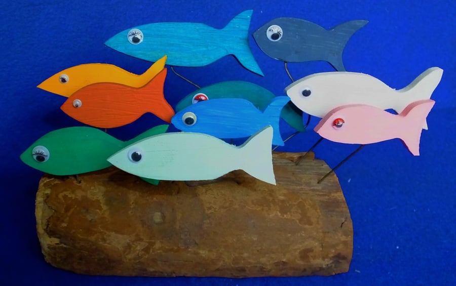 COLOURFUL SHOAL OF FISH ORNAMENT MADE FROM NATURAL DRIFTWOOD FROM CORNWALL
