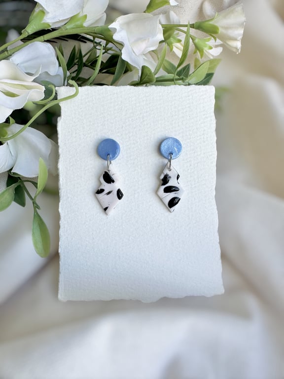 Polymer Clay Polka Dot Earrings - Blue Disc Geometric Diamond Dangles