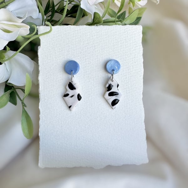 Polymer Clay Polka Dot Earrings - Blue Disc Geometric Diamond Dangles