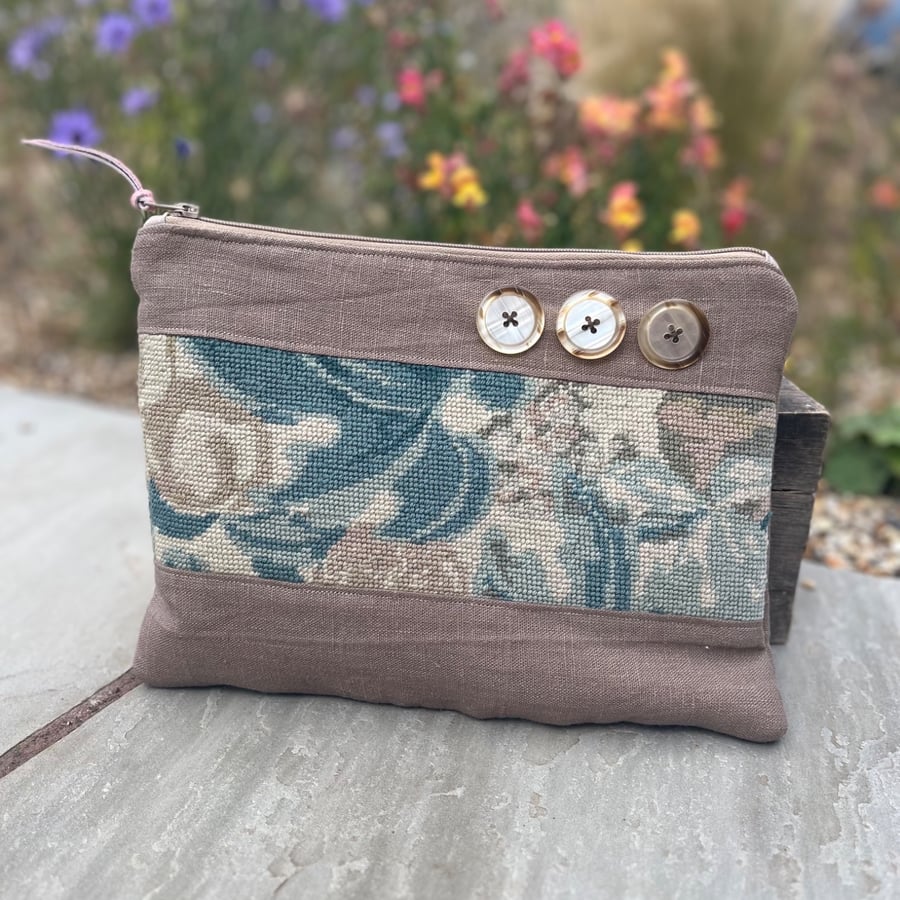 Tapestry fragment and linen large soft pouch with buttons