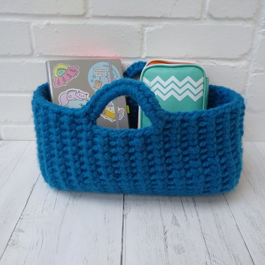 Blue Crocheted Basket, chunky storage basket